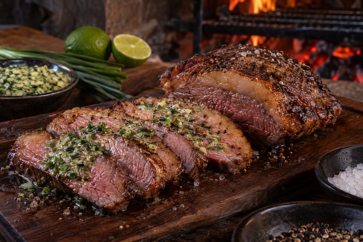 Picanha na brasa com manteiga de limão e cebolinha tostada