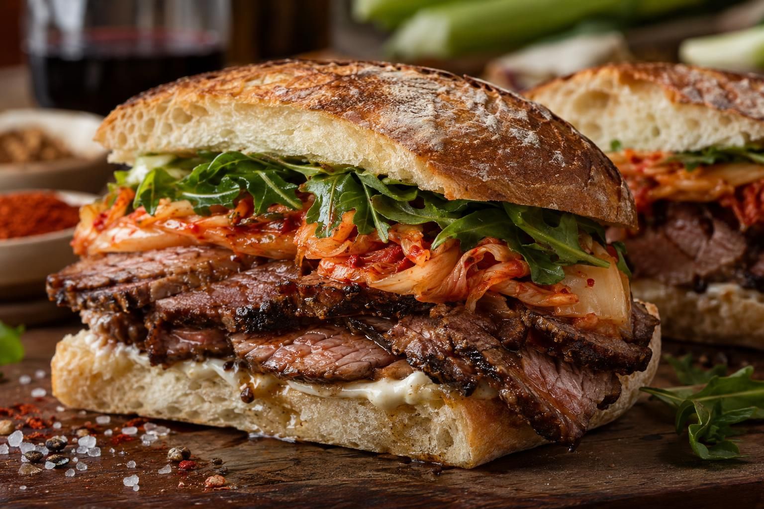 Sanduíche de brisket com kimchi do Extásia