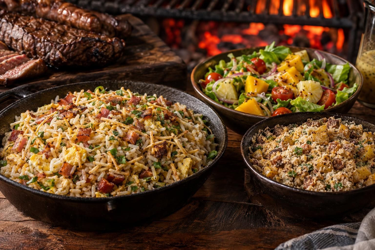 Arroz biro-biro, farofa de banana e salada tropical